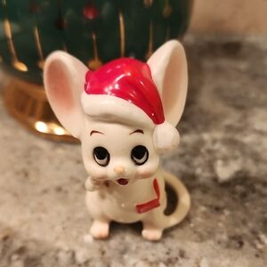 Lefton Little White China Mouse In Santa Hat